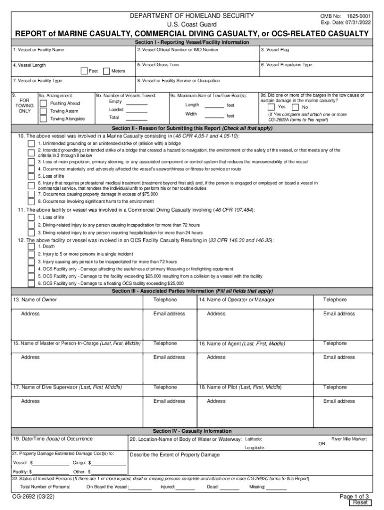  CG2692 PDF Report of Marine Casualty, Commercial Diving Casualty, or OCS Related Casualty 2022-2024