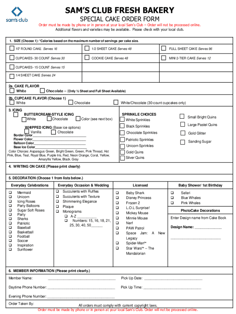  Sam&#039;s Club Fresh Bakery Special Cake Order Form 2022-2024