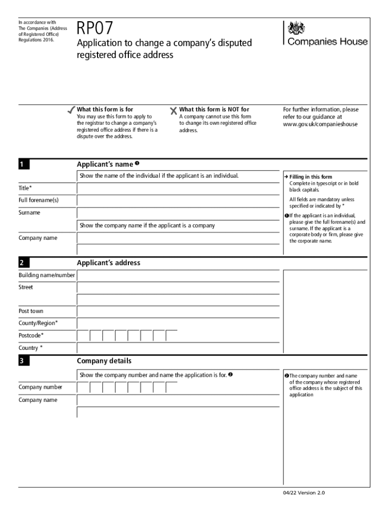  RP07 Application to Change a Company&#039;s Disputed GOV UK 2022-2024