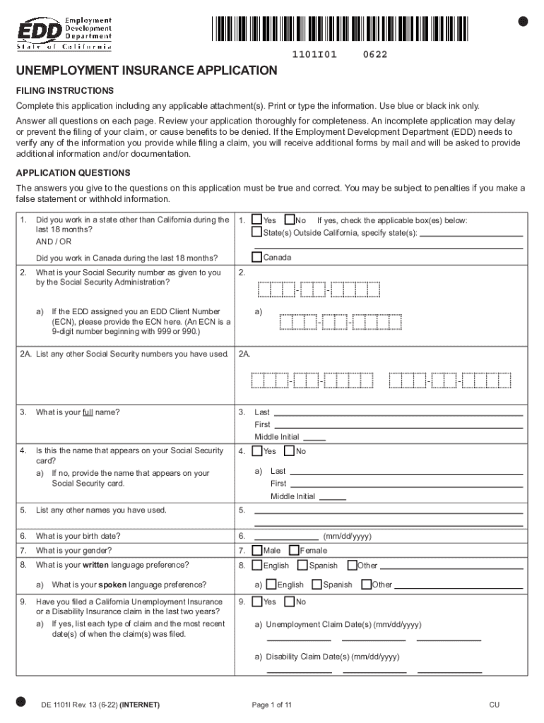  Www Templateroller Comtemplate2049808Form DE1101ID &amp;quot;Unemployment Insurance Application&amp;quot; California 2022-2024