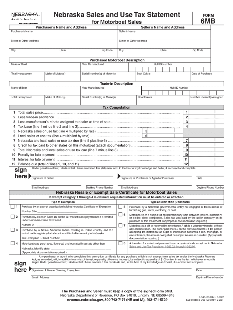  Nebraska Sales and Use Tax Statement for Motorboat Sales 6MB 2022-2024