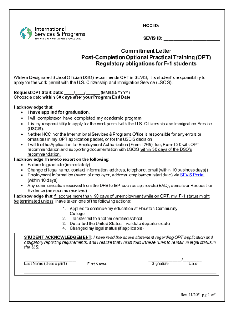 Fillable Post Completion Optional Practical Training OPT Regulatory  Form