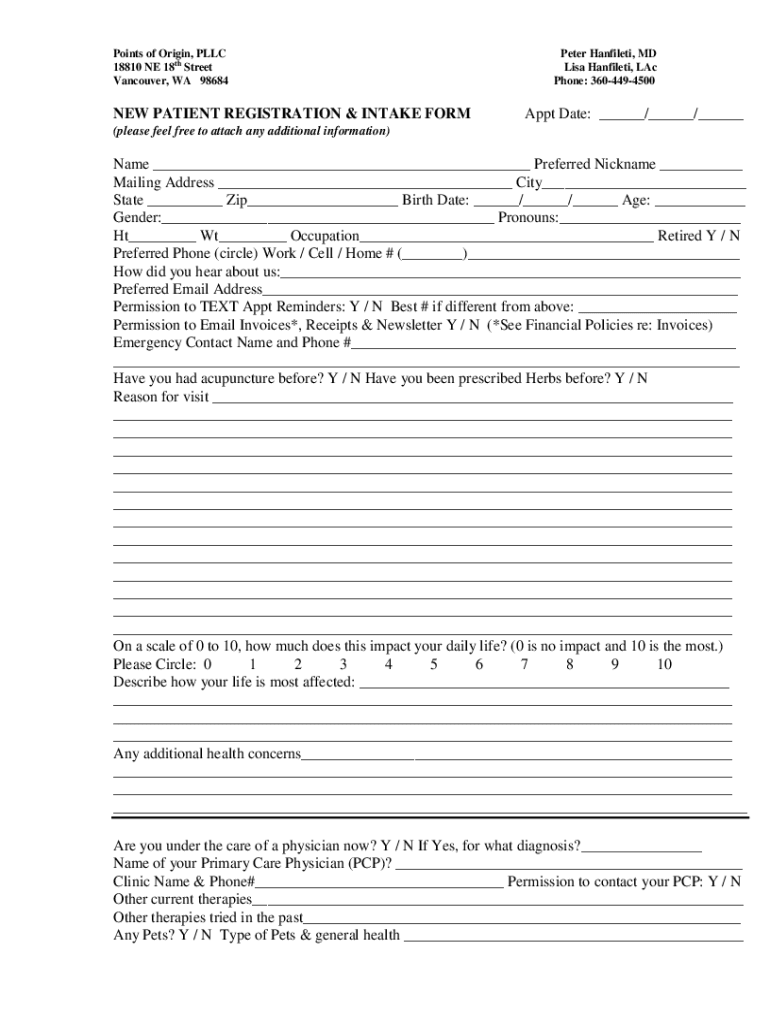 Points of Origin NEW PATIENT INTAKE FORM