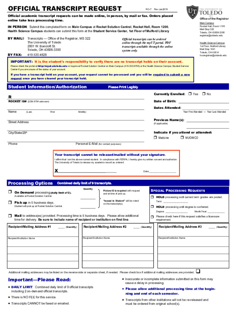 OFFICIAL TRANSCRIPT REQUEST the University of Toledo  Form