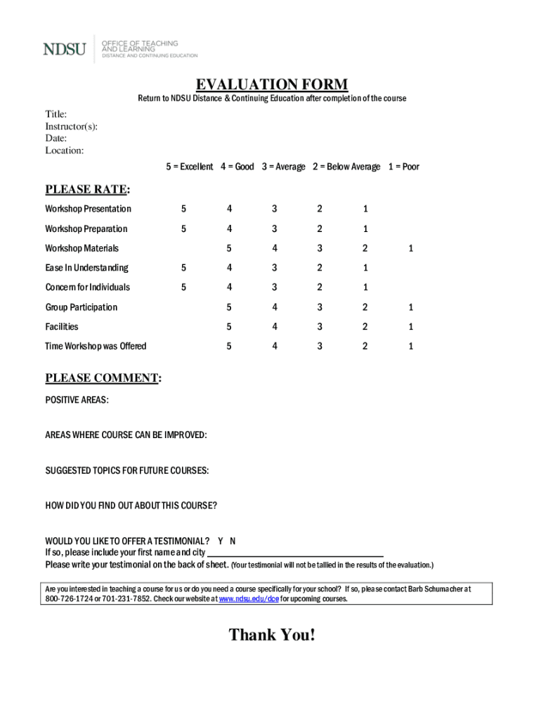 Evaluation Form Sample Web North Dakota State University