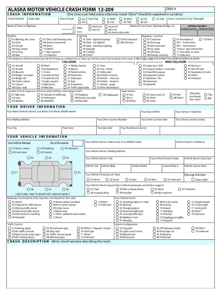  DMV #ALASKA MOTOR VEHICLE CRASH FORM 12209One Cho 2022-2024