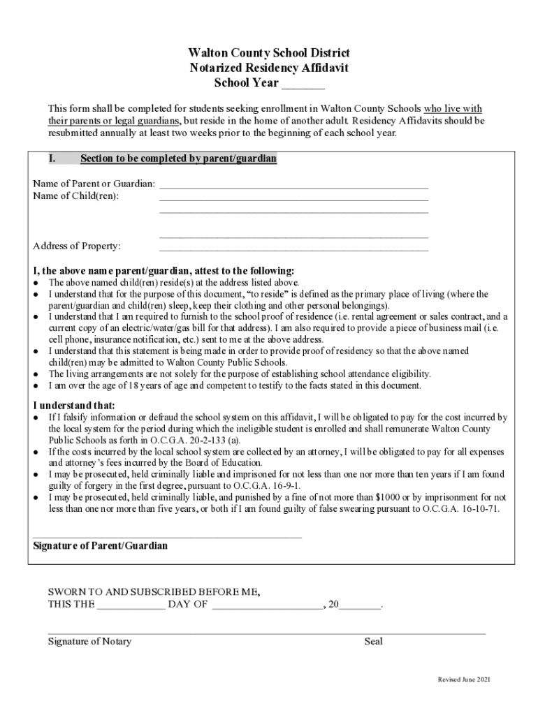 Walton County School District Notarized Residency Affidavit This Form