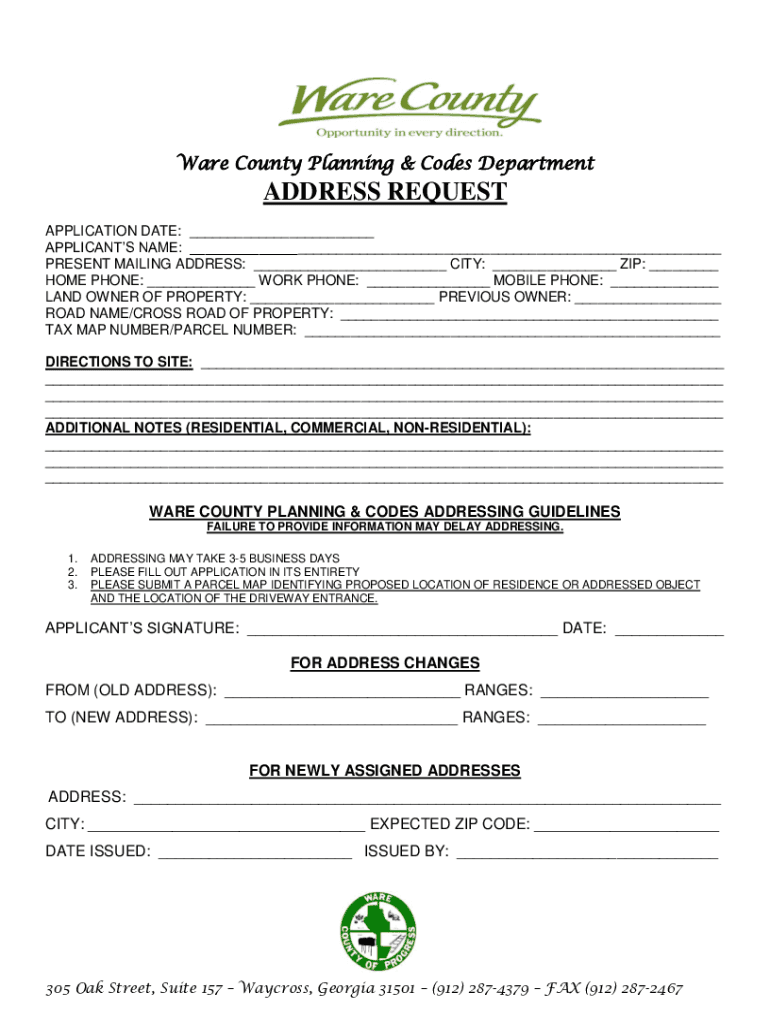 Www Warecounty ComCMFilesDocsPlanning and Codes Director ADDRESS REQUEST  Form