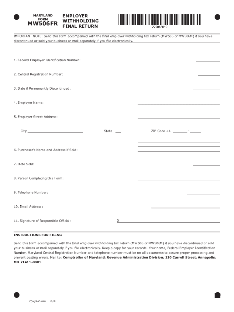  MARYLAND EMPLOYER FORM WITHHOLDING MW506FR FINAL RETURN 2022