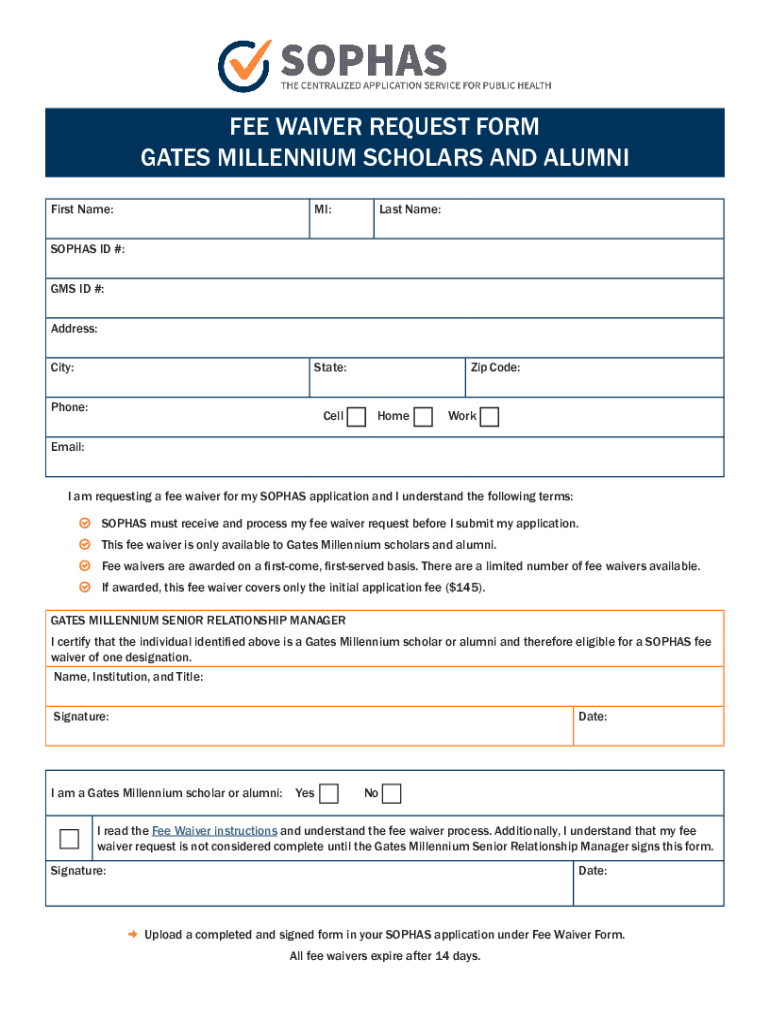  FEE WAIVER REQUEST FORM GATES MILLENNIUM SCHOLARS 2022-2024