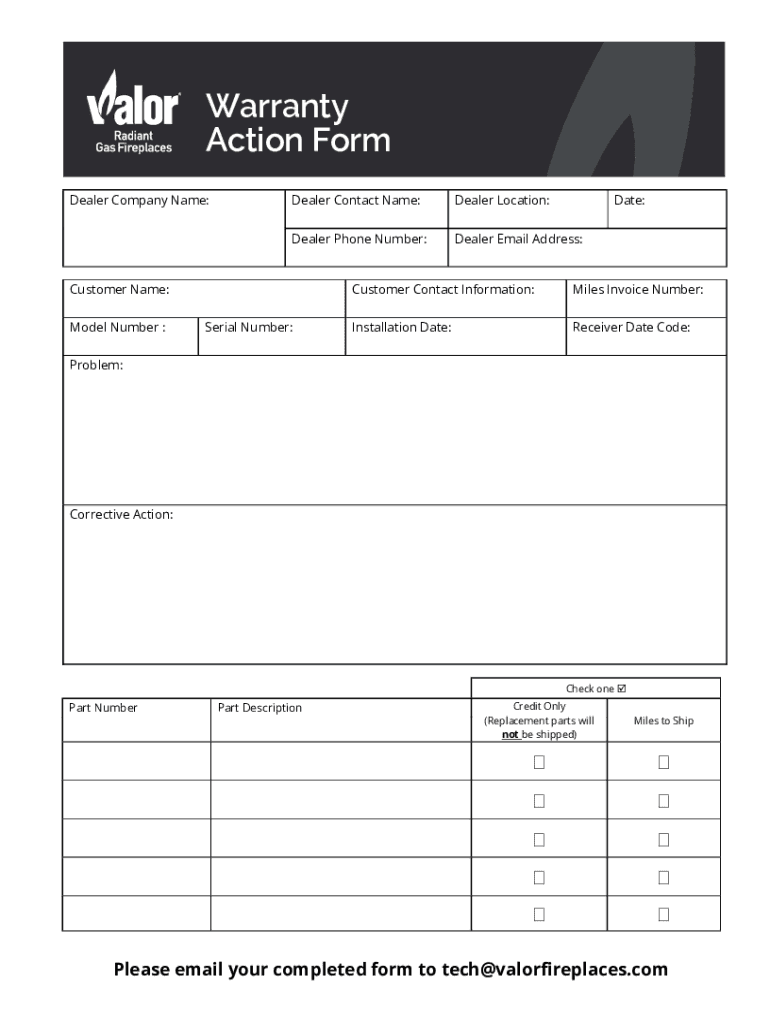 PDF Warranty Action Form Valor Fireplaces