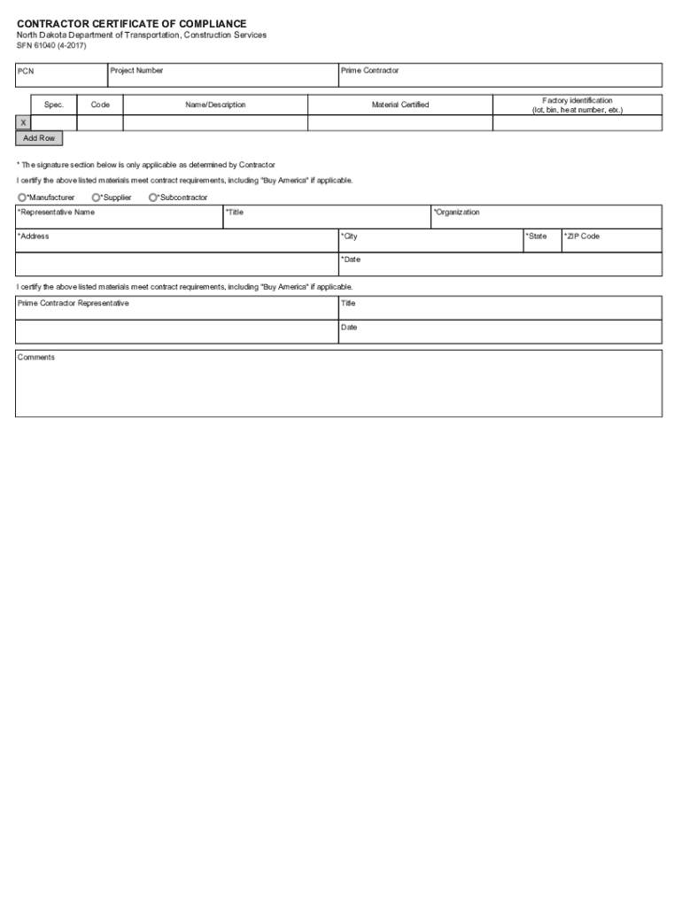 CONTRACTOR CERTIFICATE of COMPLIANCE North Dakota  Form