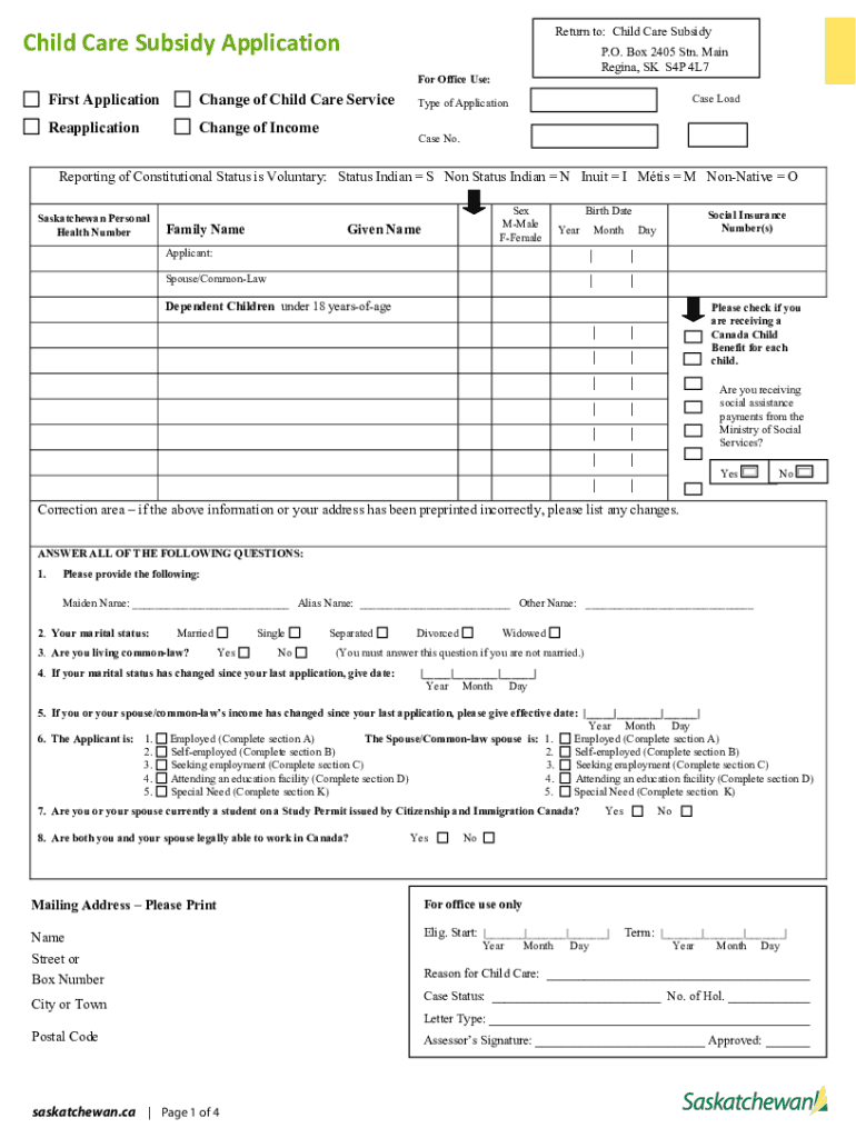 Saskatchewan Child Care Subsidy  Form