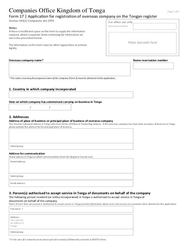 Form 19 Application for Registration of Overseas Company on the Tongan Register Form 19 Application for Registration of Overseas