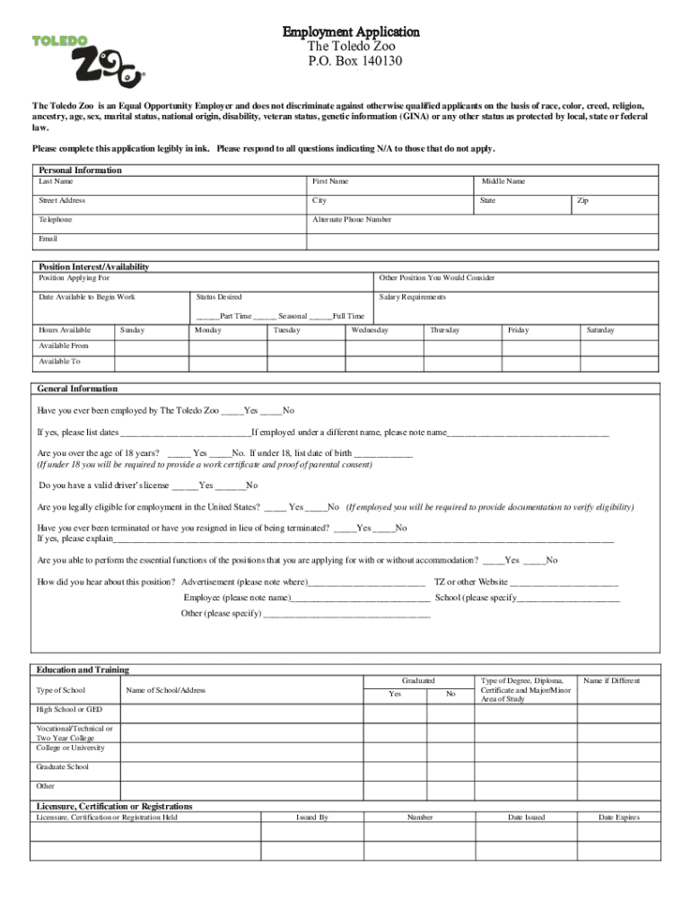 Toledo Zoo Employment  Form