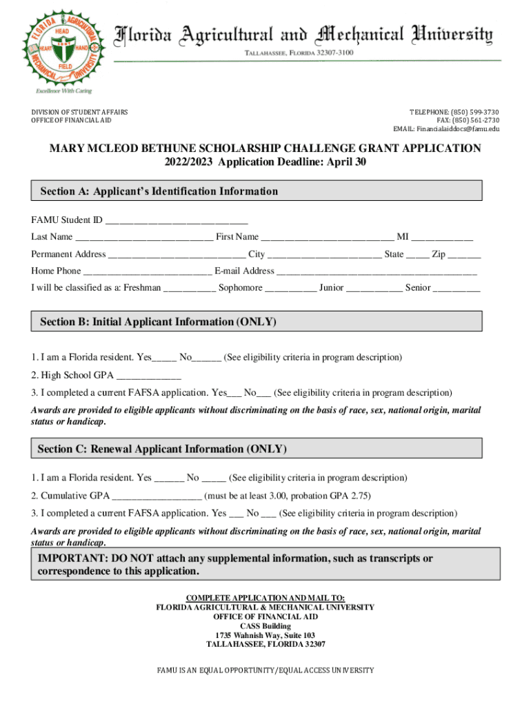 Mary Mcleod Bethune Scholarship  Form