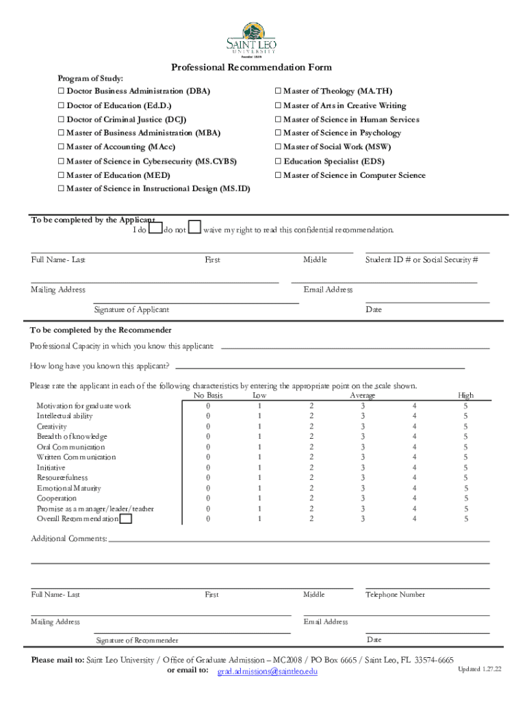  Professional Recommendation Form 2022-2024
