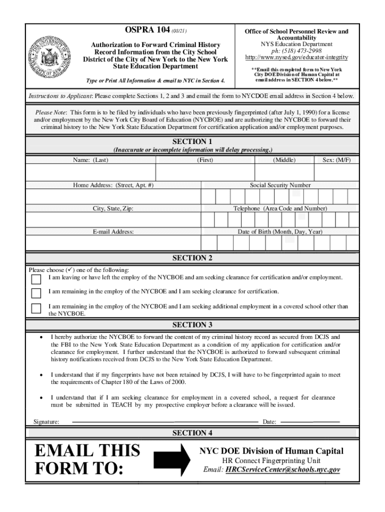  **Email This Completed Form to New York City DOE Division of 2021-2024