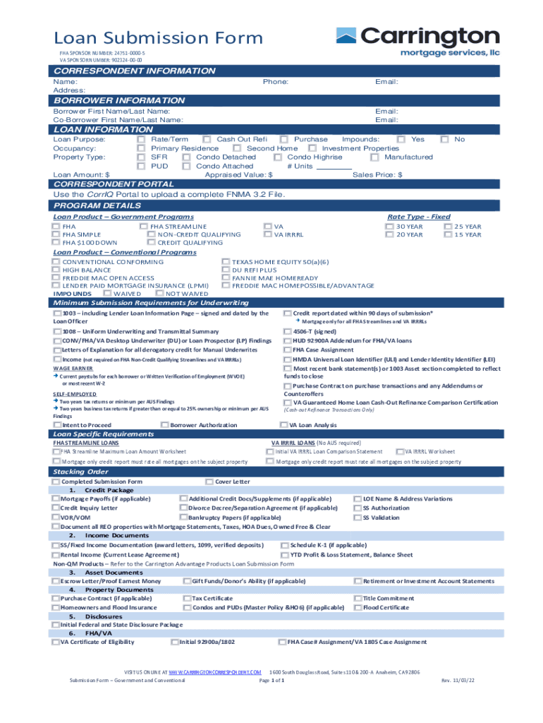 Loan Submission Form FHA SPONSOR NUMBER 247510000