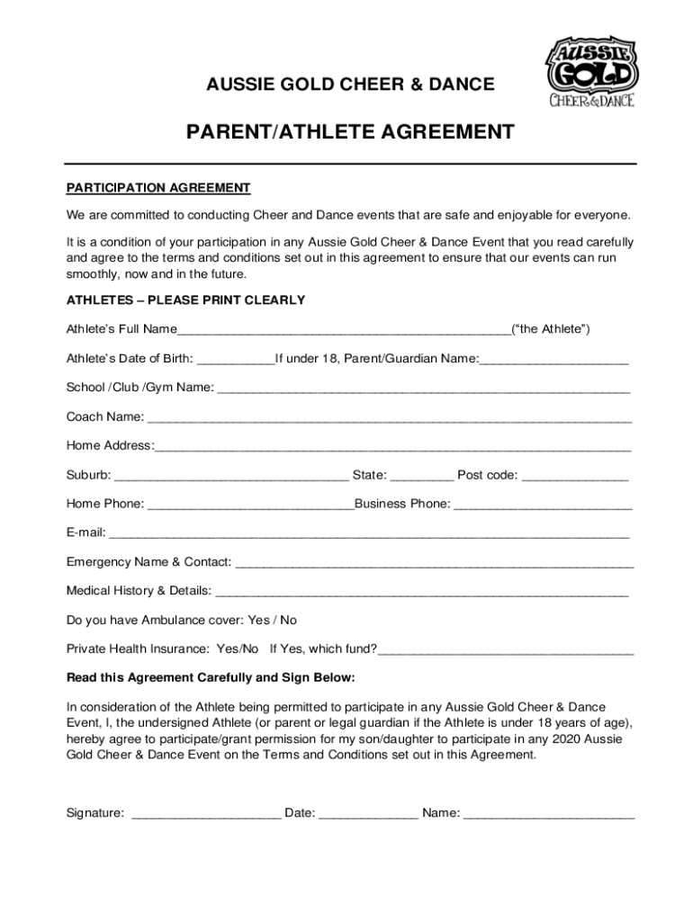 Parentathlete Agreement Aussie Gold Cheer &amp;amp;amp;amp; Dance Fill and  Form