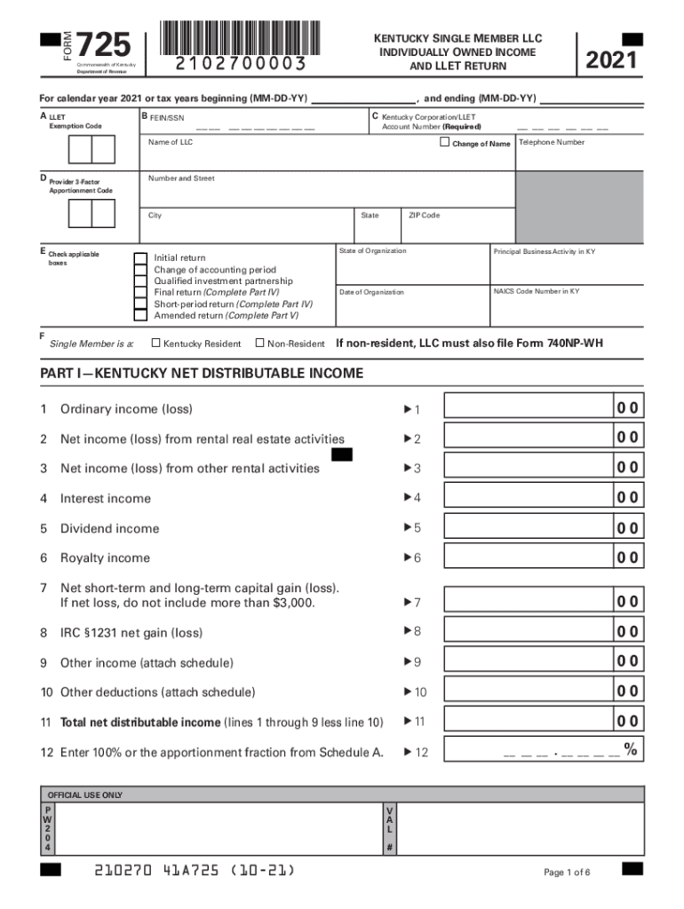  FORM 725 K I ENTUCKY NDIVIDUALLY Department of Revenue 2021