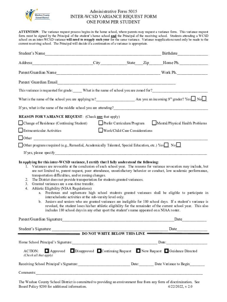  New Washoecountyschools OrgpolicyandregspdfAdministrative Form 5018 VARIANCE REQUEST BASED on SCHOOL 2022-2024