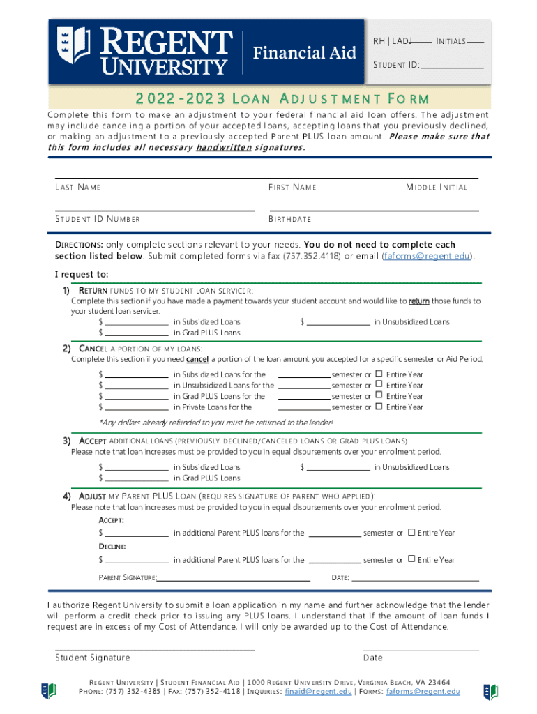 0RH ADJ INITIALS STUDENT ID2 022 202 3 LOAN ADJ  Form