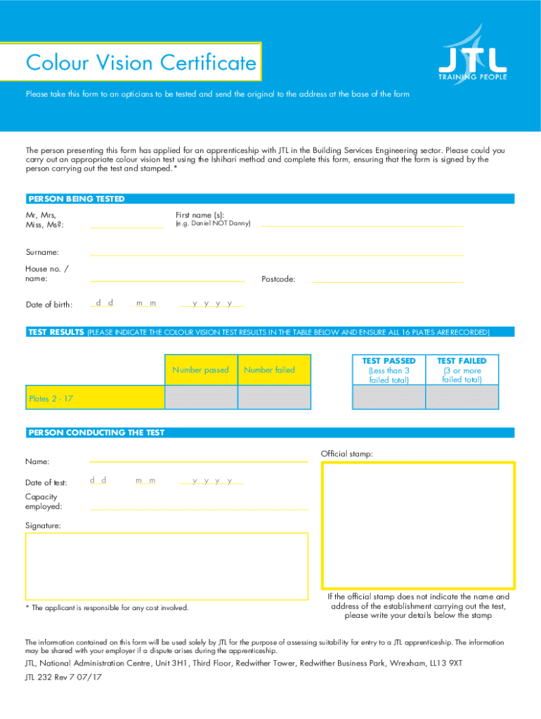 Www Jtltraining Comwp ContentuploadsColour Vision Certificate JTL  Form