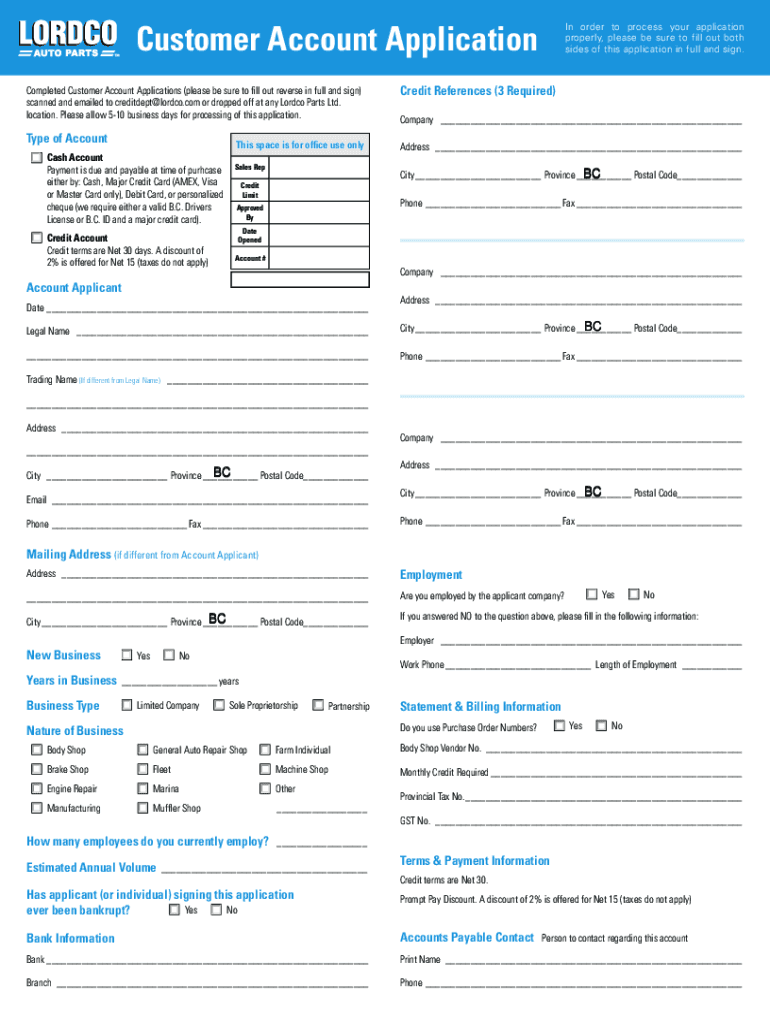  Www Lordco Com Sites DefaultLORDCO PARTS LTD Customer Account Application 2022-2024