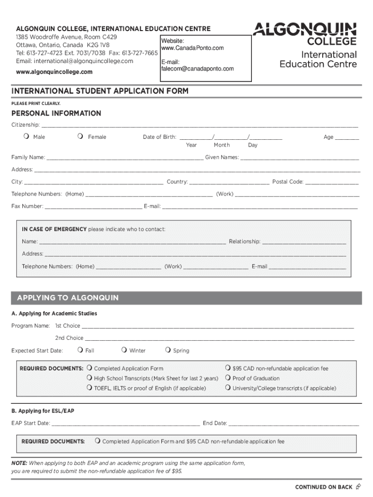 Algonquin International Student  Form