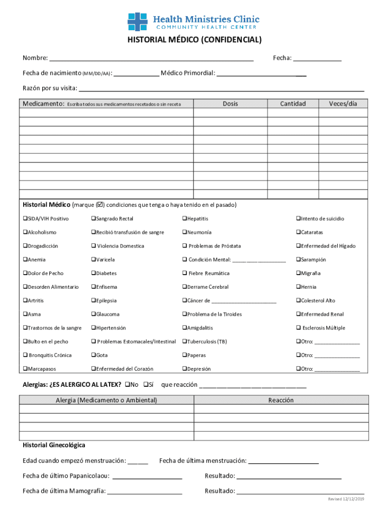  KS Health Ministries Clinic Historial Medico Confidencial Form 2019-2024