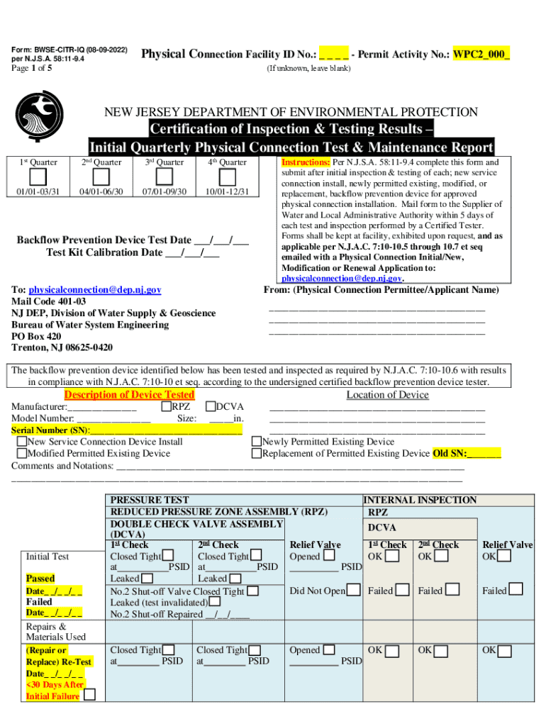  Certification of Inspection &amp; Testing Results Initial Quarterly 2022-2024