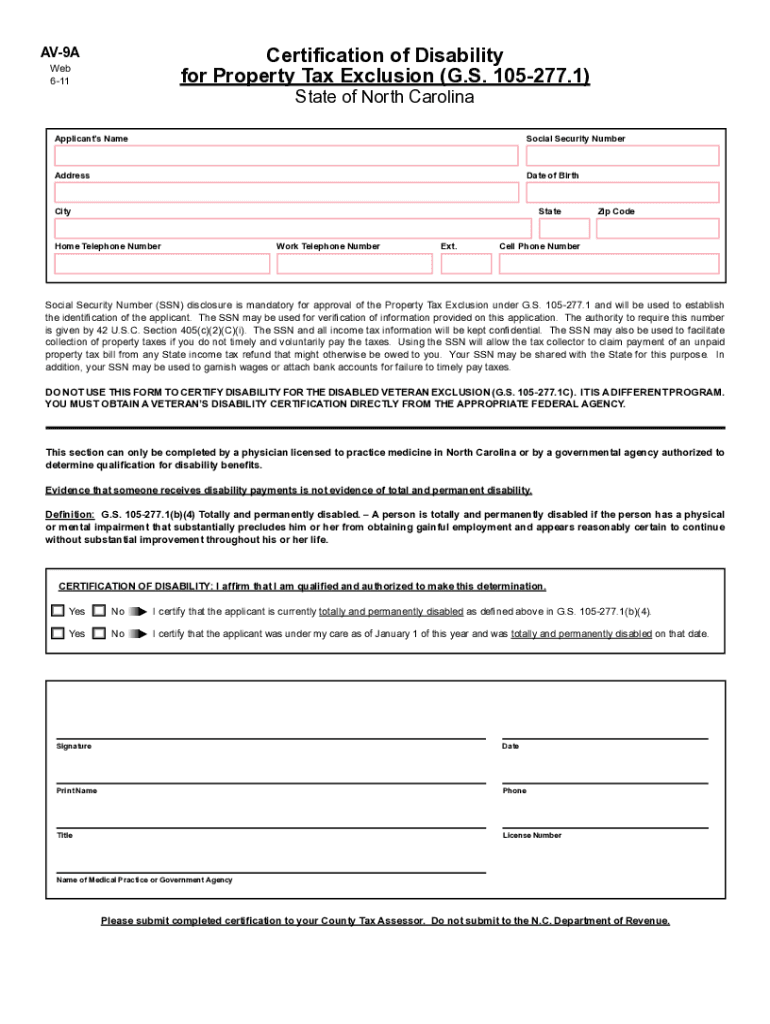 AV 9A Certification of Disability for Property Tax Exclusion  Form