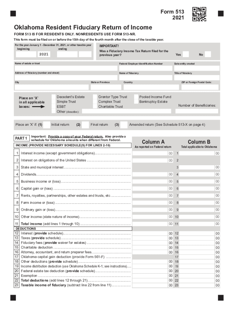 Form 513 Oklahoma Resident Fiduciary Income Tax Return Packet &amp;amp; Instructions