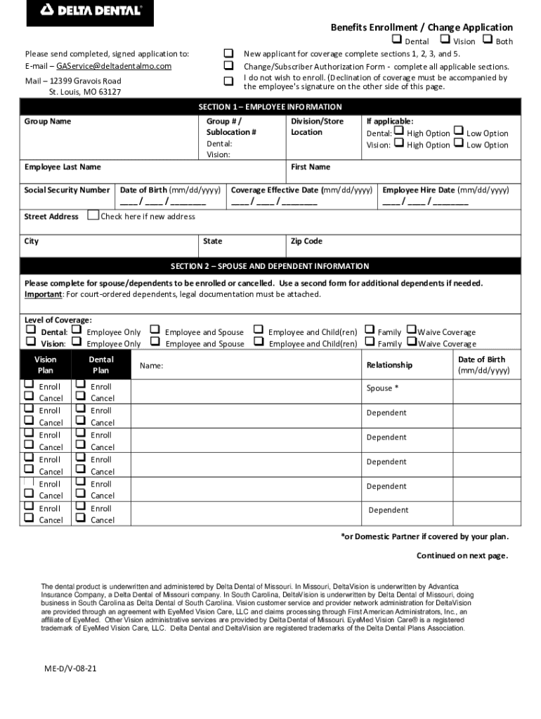 Benefits Enrollment Change Application Dental Vi  Form