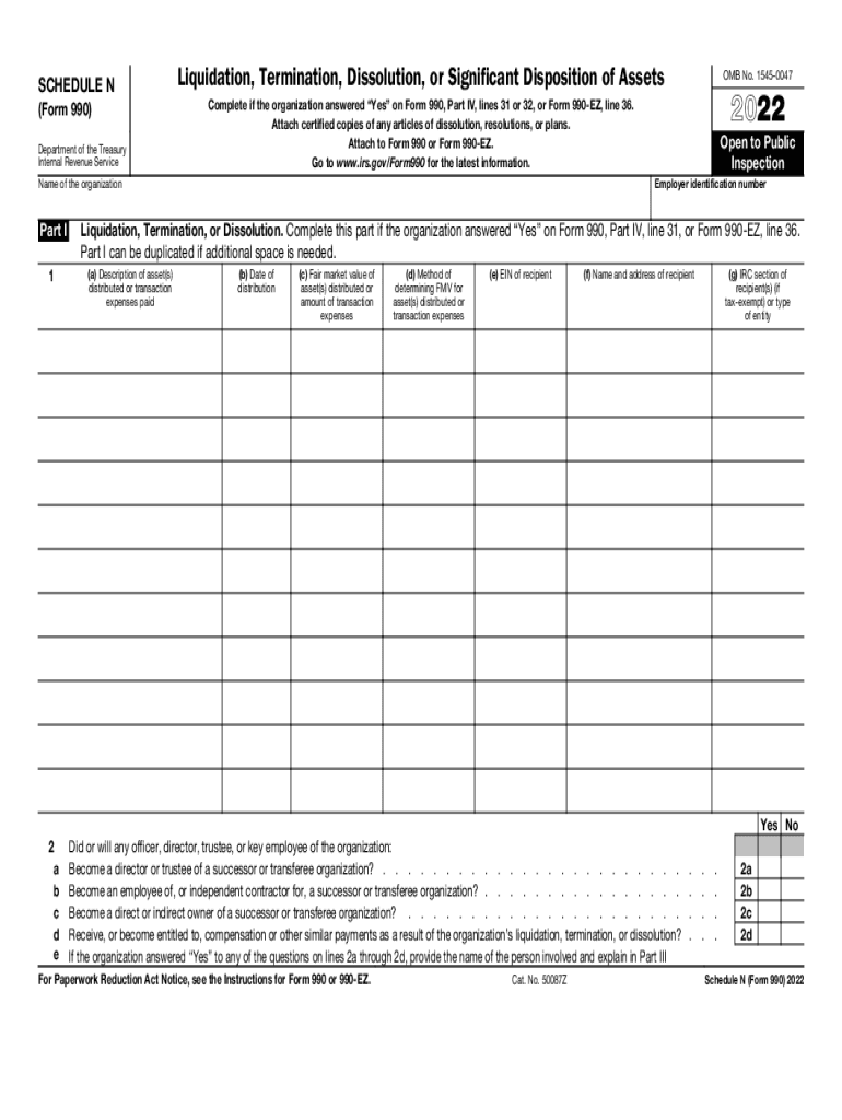 Schedule N Form 990 Liquidation, Termination, Dissolution, or Significant Disposition of Assests