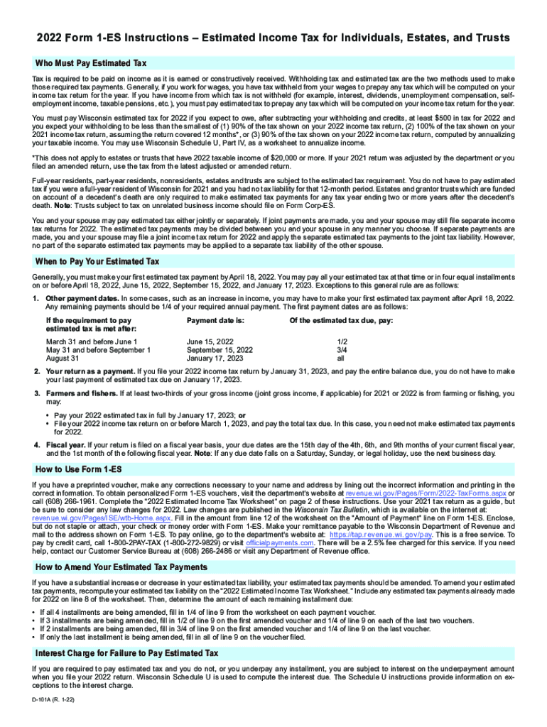  D 101a Form 1 ES Instructions Estimated Income Tax for 2022-2024