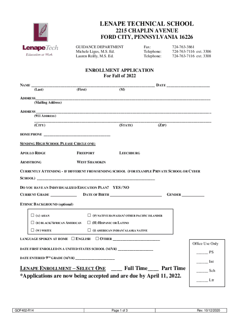ENROLLMENT APPLICATION Lenape Technical School  Form