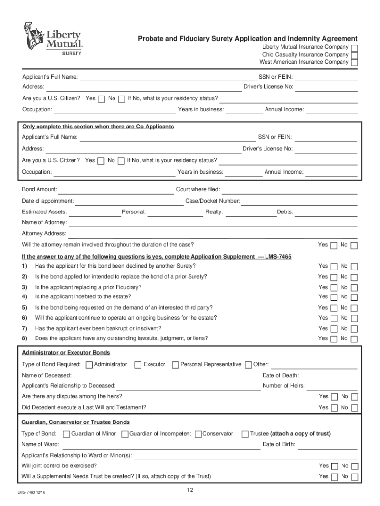 Trauschialtd ComProbateandFiduciaryAppProbate and Fiduciary Surety Application and Indemnity Agreement  Form