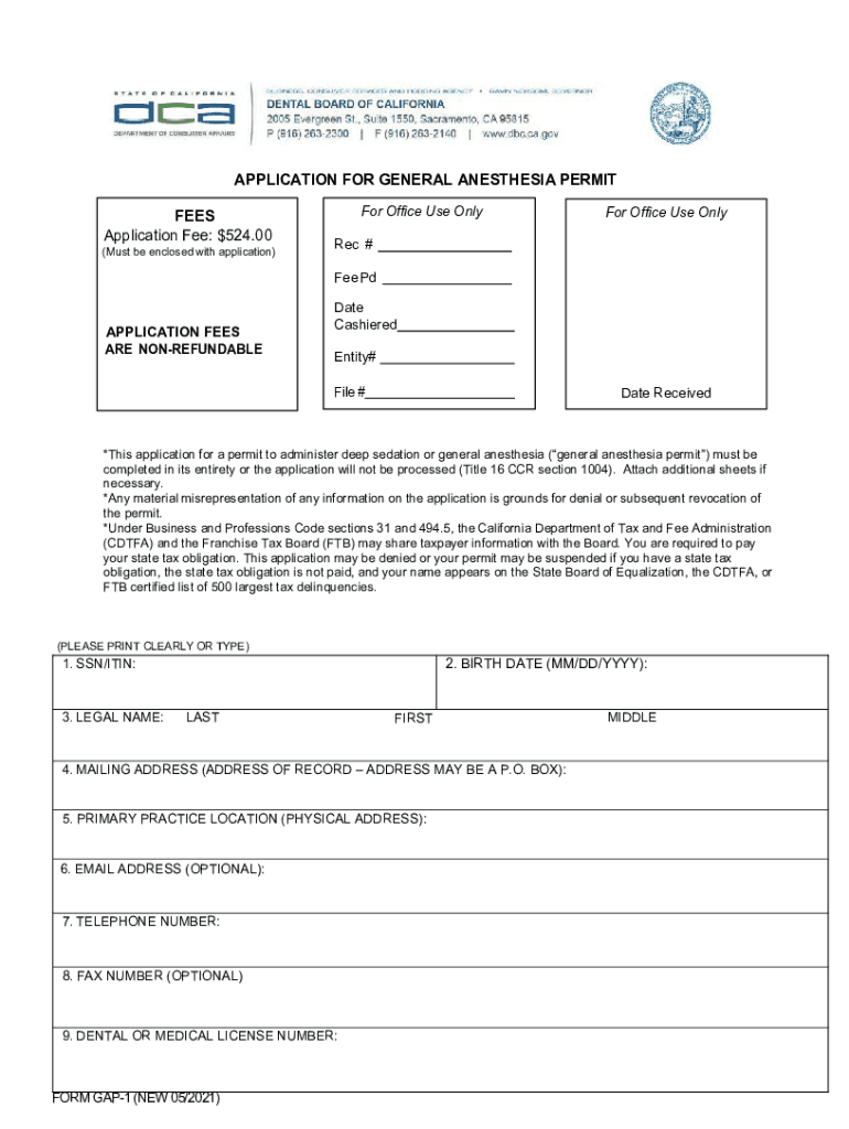  Application for General Anesthesia Permit Dental Board of California 2021-2024