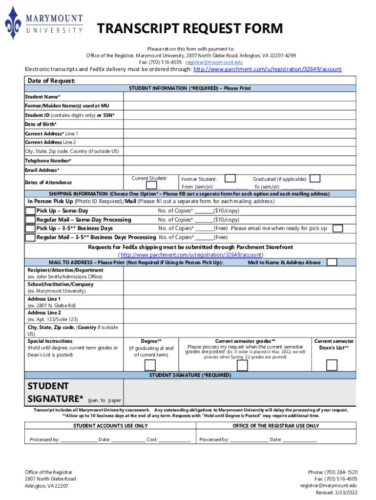 Marymount Transcript Request  Form