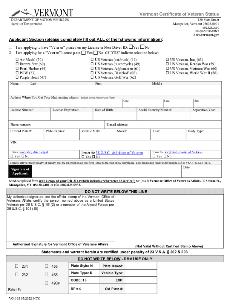 PDF Vermont Certificate of Veteran Status  Form