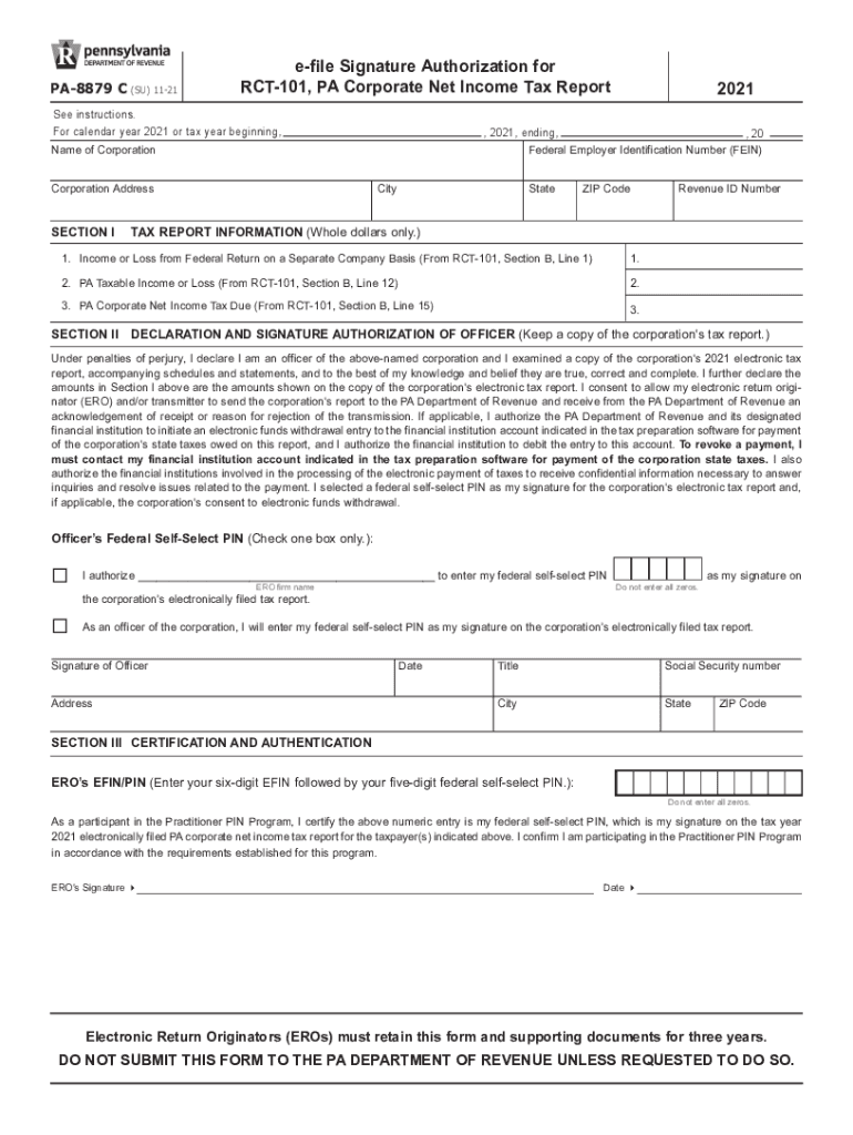  E File Signature Authorization for RCT 101, PA Corporate Tax Report PA 8879 C FormsPublications 2021-2024