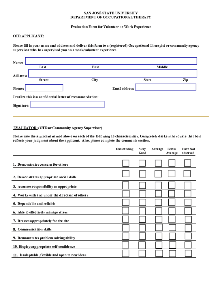 Department of Occupational Therapy San Jose State UniversityDepartment of Occupational Therapy San Jose State UniversityDepartme  Form