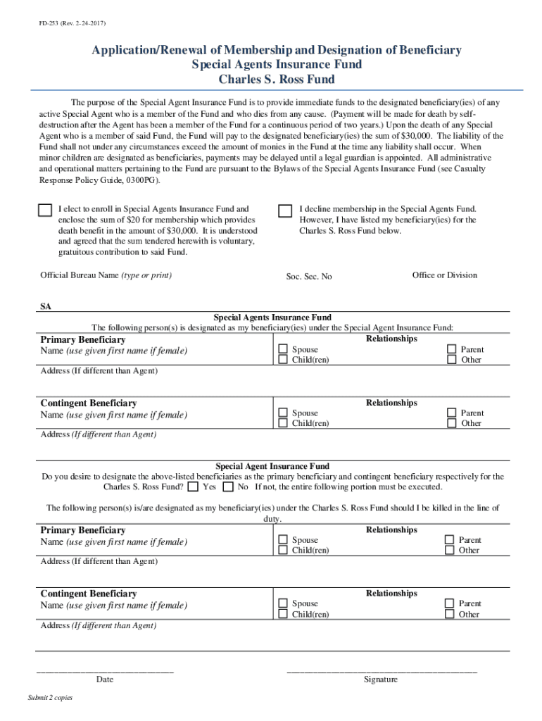  FD 253 ApplicationRenewal of Membership Designation of Beneficiary, Special Agents Insurance Fund, Charles S Ross Fund Revised 0 2017-2024