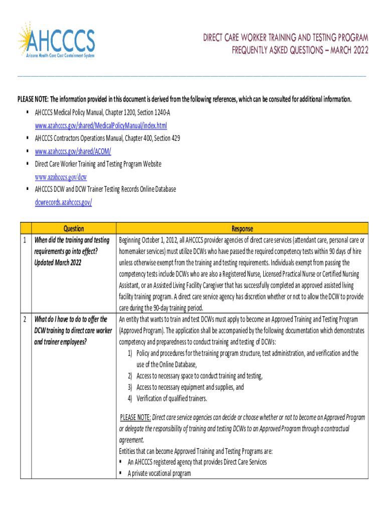 DIRECT CARE WORKER TRAINING and TESTING PROGRAM  Form