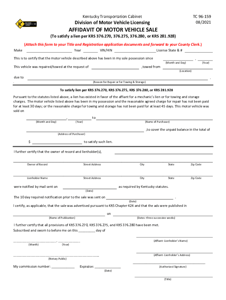 Affidavit of Motor Vehicle Sale  Form