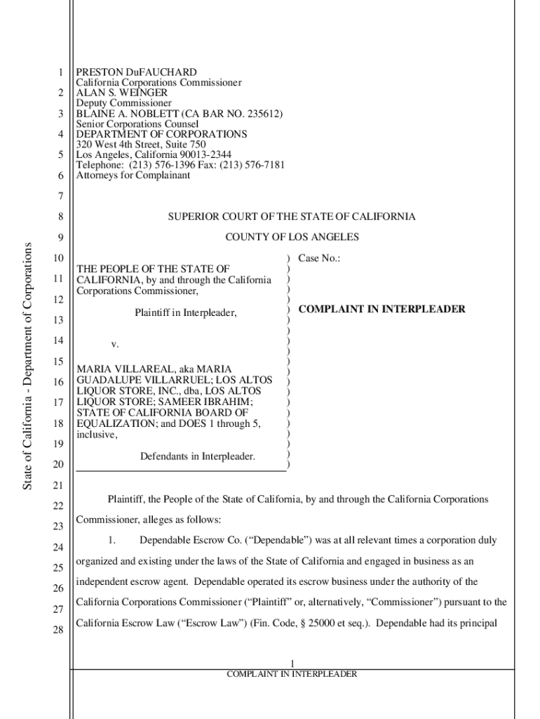  California Department of Corporations Complaint in Interpleader Dependable Escrow Co 2019-2024