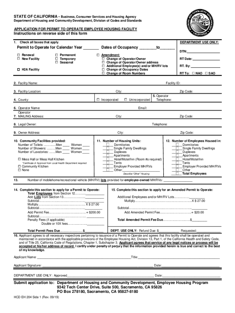 Application for Permit to Operate Employee Housing Facility; Form HCD EH 204