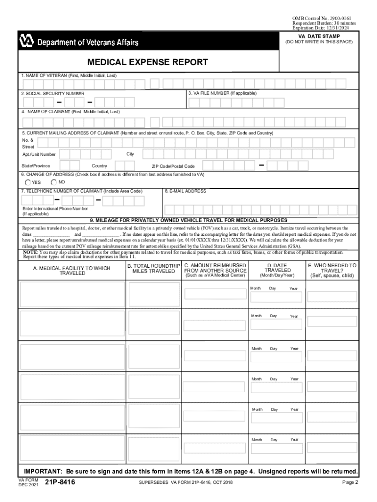  VA Form 21P 8416 Medical Expense Report 2021-2024